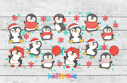 Christmas Penguins UV DTF wrap artwork on a white wood background
