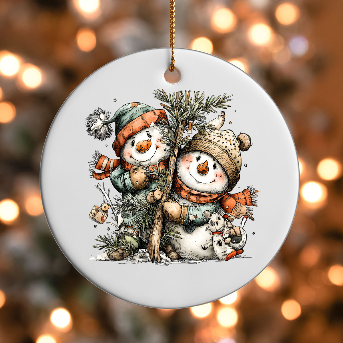 Snowman Friends ornament UV DTF transfer on a round white ornament with a bokeh light background