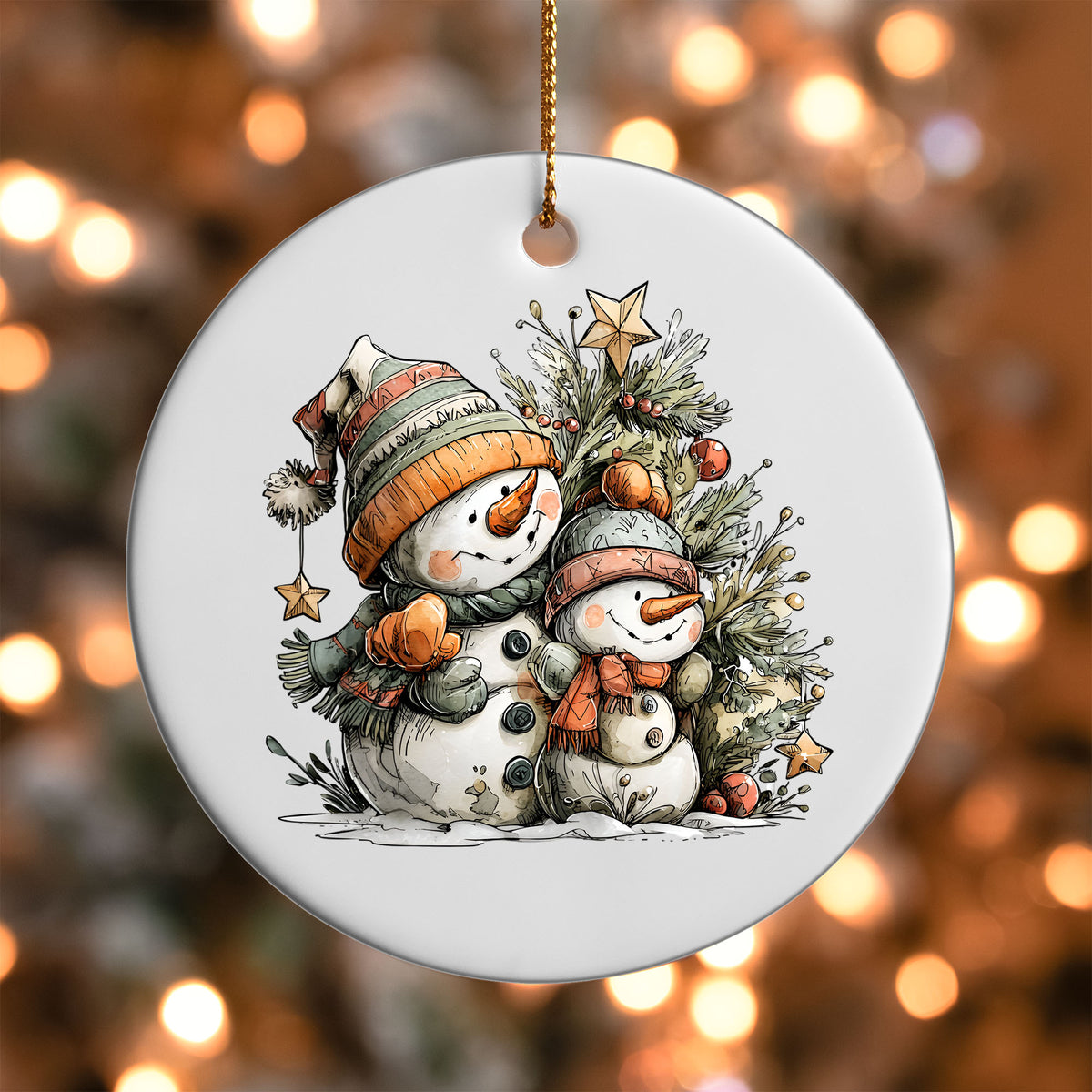 Snowman Friends ornament UV DTF transfer on a round white ornament with a bokeh light background