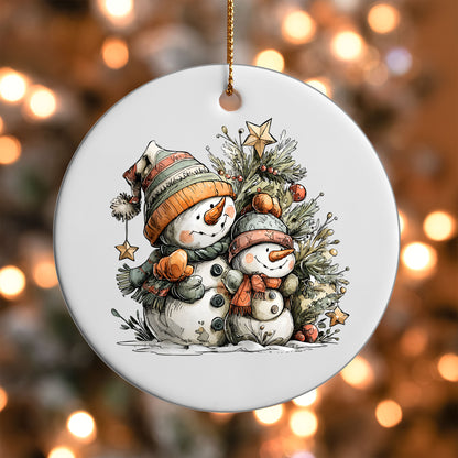 Snowman Friends ornament UV DTF transfer on a round white ornament with a bokeh light background