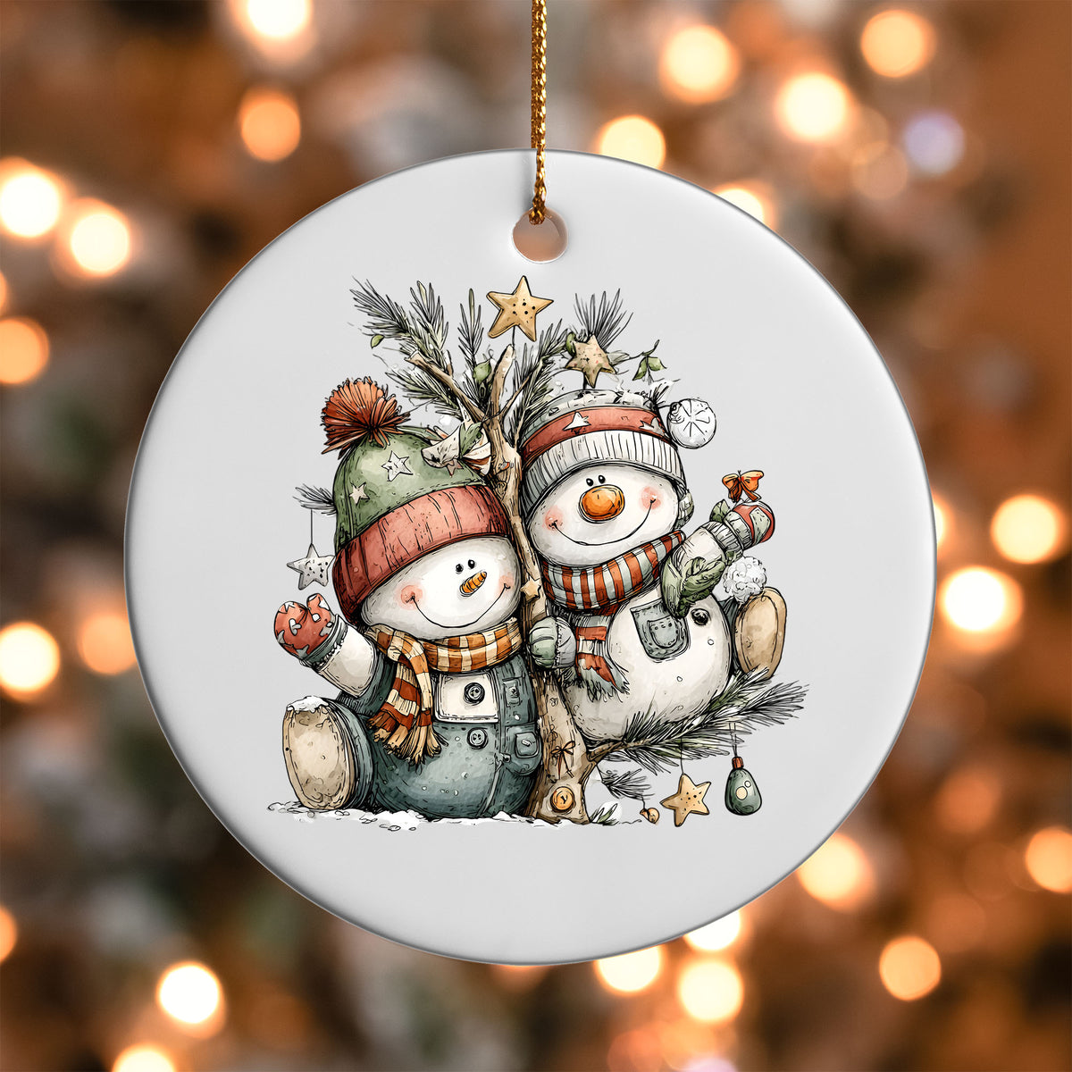 Snowman Friends ornament UV DTF transfer on a round white ornament with a bokeh light background