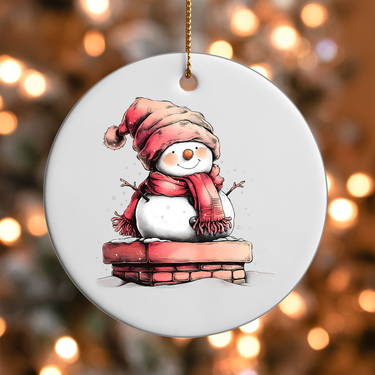 Snowman in a Chimney ornament UV DTF transfer on a round white ornament with a bokeh light background