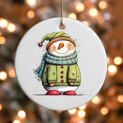 Snowman in Green Coat ornament UV DTF transfer on a round white ornament with a bokeh light background