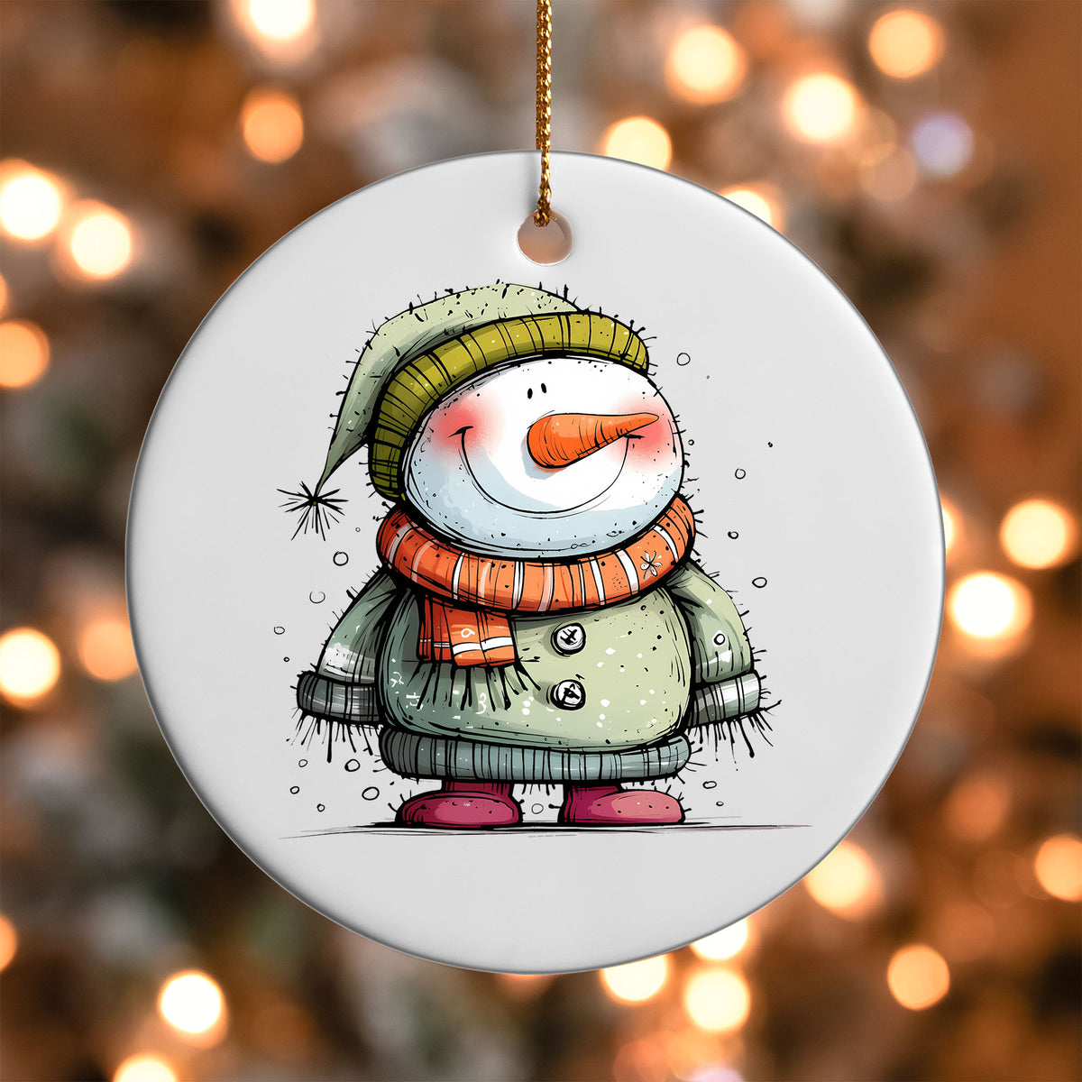 Snowman in Green Knit Hat ornament UV DTF transfer on a round white ornament with a bokeh light background
