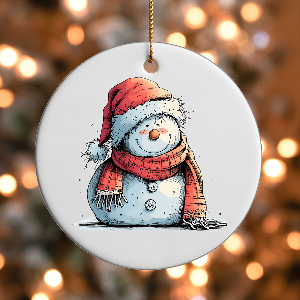 Snowman in Plaid Scarf ornament UV DTF transfer on a round white ornament with a bokeh light background