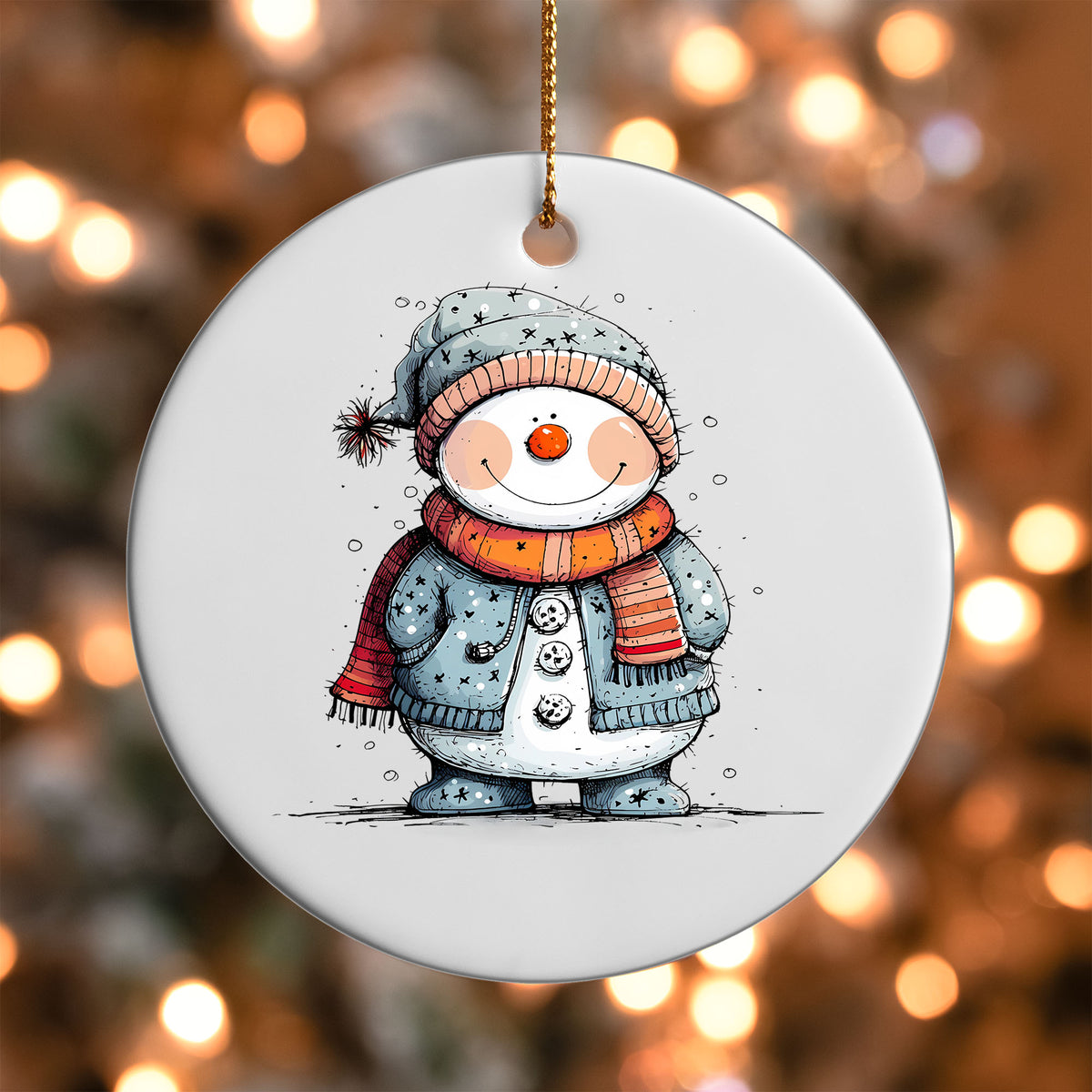 Snowman in Polka Dot Coat ornament UV DTF transfer on a round white ornament with a bokeh light background