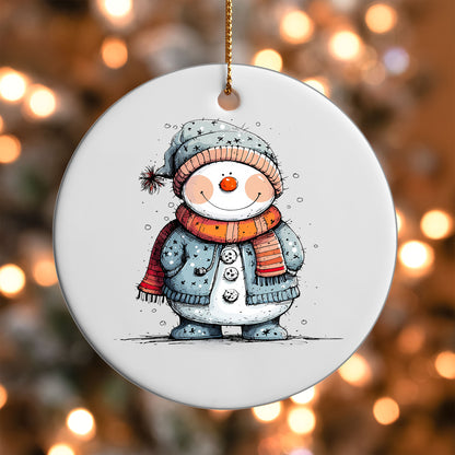 Snowman in Polka Dot Coat ornament UV DTF transfer on a round white ornament with a bokeh light background