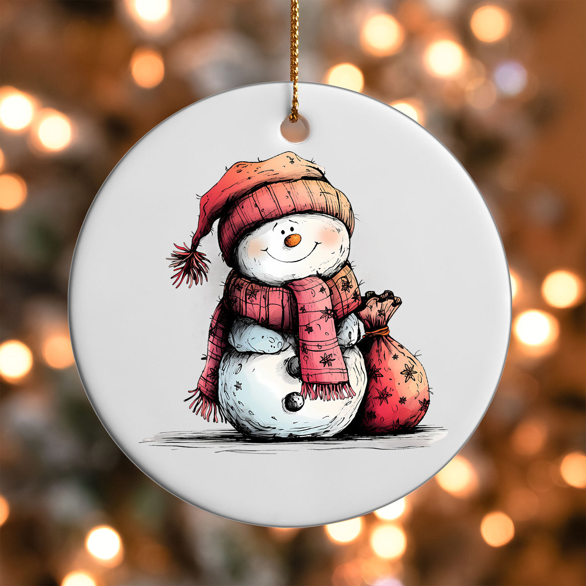 Snowman in Red Knit Hat ornament UV DTF transfer on a round white ornament with a bokeh light background