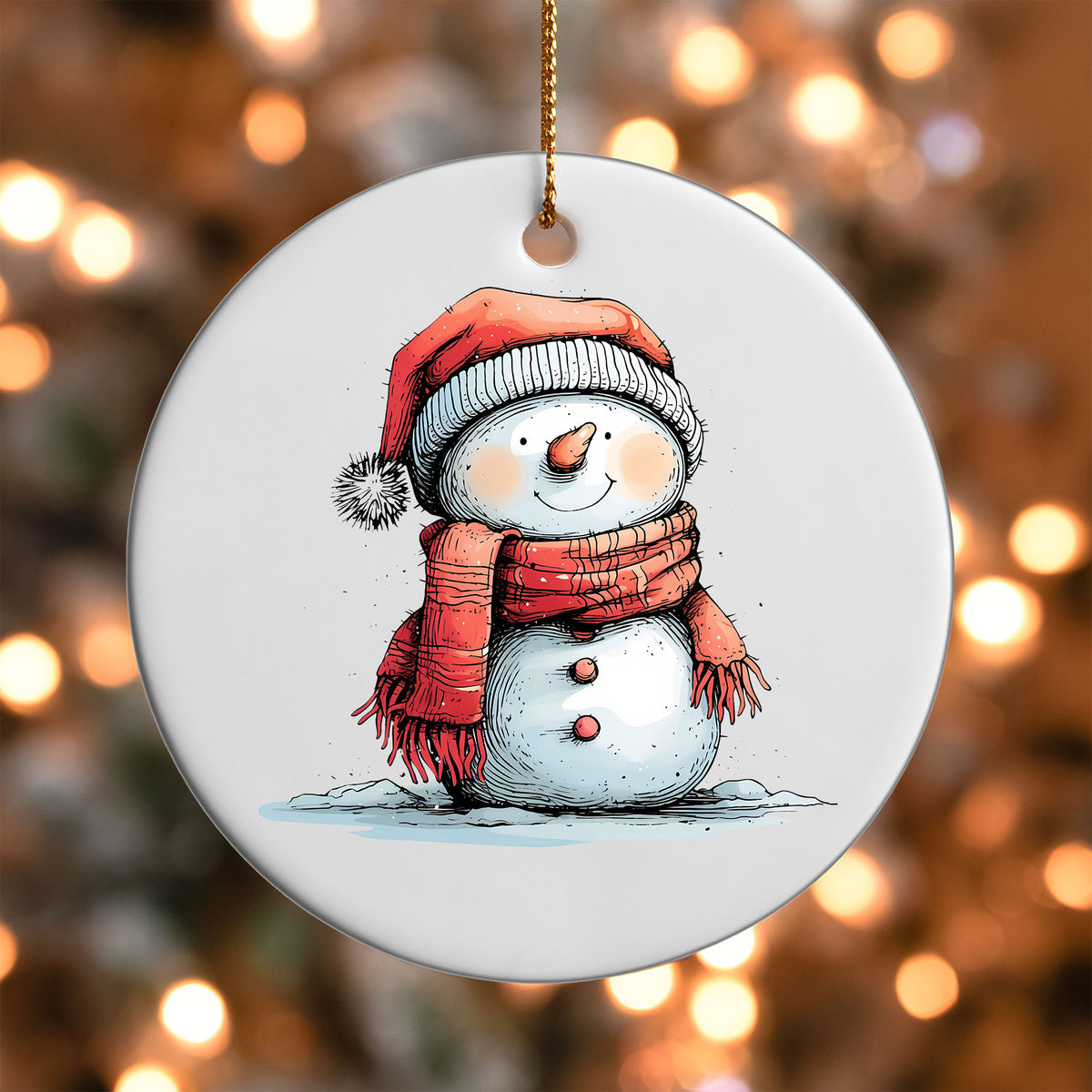 Snowman in Red Pom Hat ornament UV DTF transfer on a round white ornament with a bokeh light background