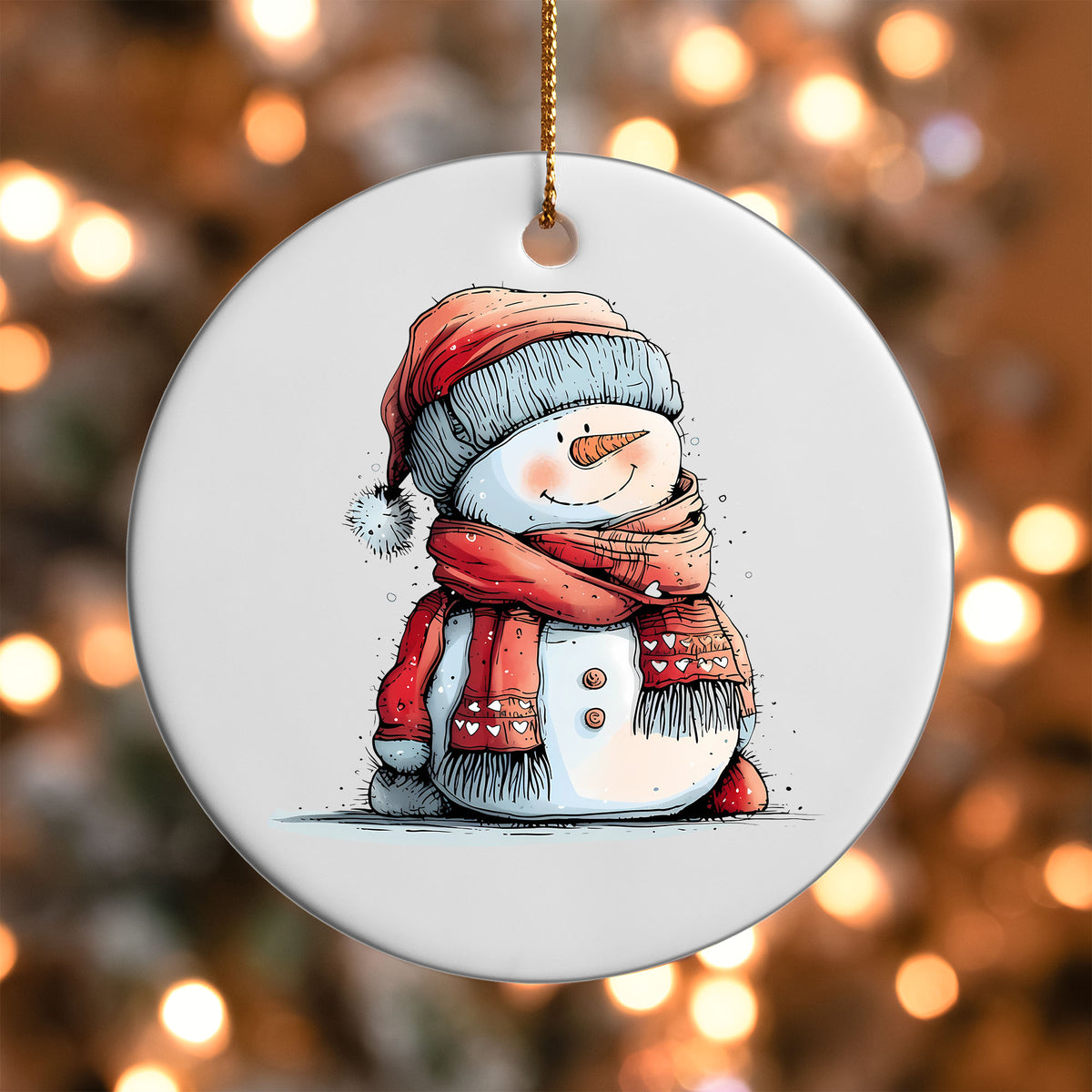 Snowman in Red Scarf ornament UV DTF transfer on a round white ornament with a bokeh light background