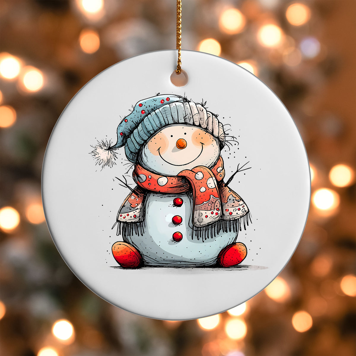 Snowman in Teal Knit Hat ornament UV DTF transfer on a round white ornament with a bokeh light background
