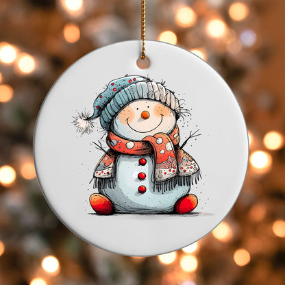 Snowman in Teal Knit Hat ornament UV DTF transfer on a round white ornament with a bokeh light background