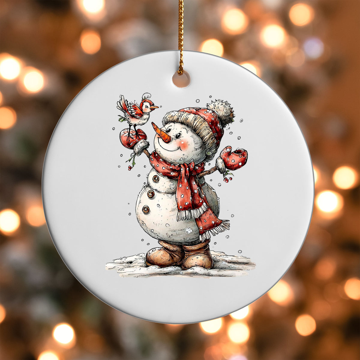 Snowman with a Bird ornament UV DTF transfer on a round white ornament with a bokeh light background