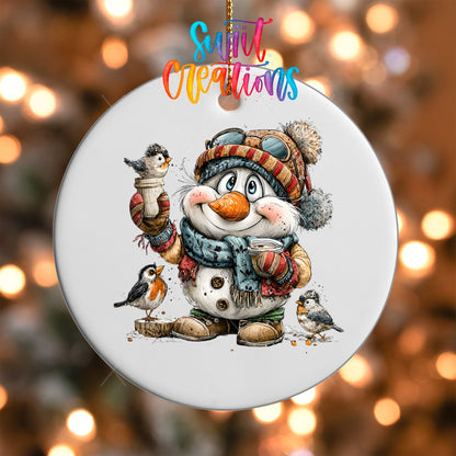 Snowman With Birds And Cocoa Christmas Ornament UV DTF Transfer | O-1884 - Swiit Creations