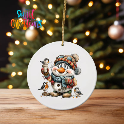 Snowman With Birds And Cocoa Christmas Ornament UV DTF Transfer | O-1884 - Swiit Creations