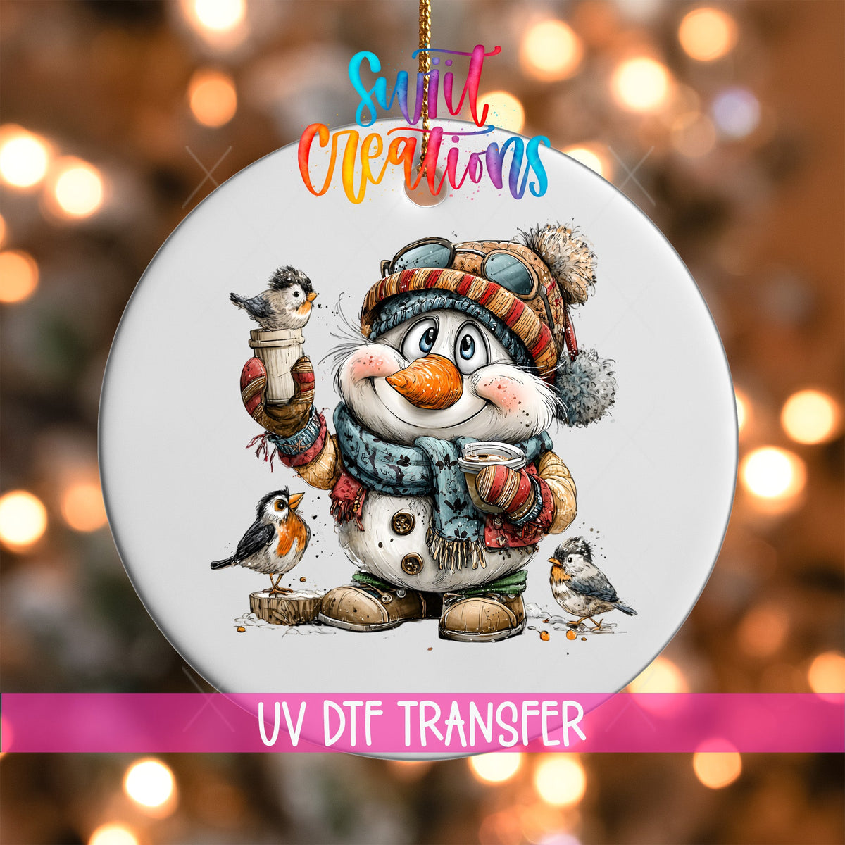 Snowman With Birds And Cocoa Christmas Ornament UV DTF Transfer | O-1884 - Swiit Creations