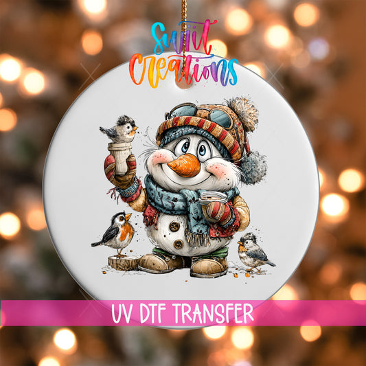 Snowman With Birds And Cocoa Christmas Ornament UV DTF Transfer | O-1884 - Swiit Creations