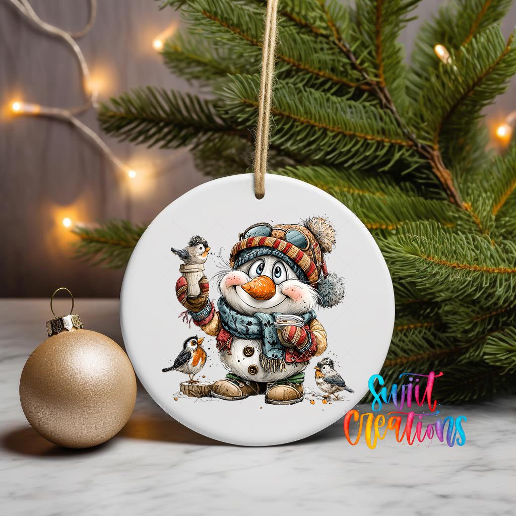 Snowman With Birds And Cocoa Christmas Ornament UV DTF Transfer | O-1884 - Swiit Creations