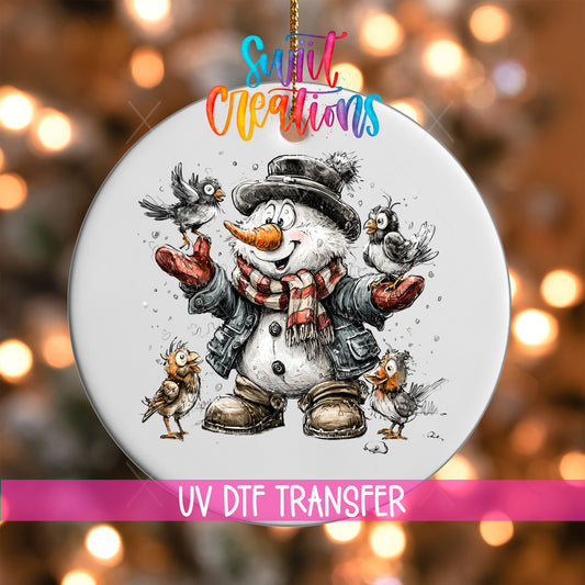 Snowman With Birds And Mittens Christmas Ornament UV DTF Transfer Winter Holiday Decor | O-1891 - Swiit Creations