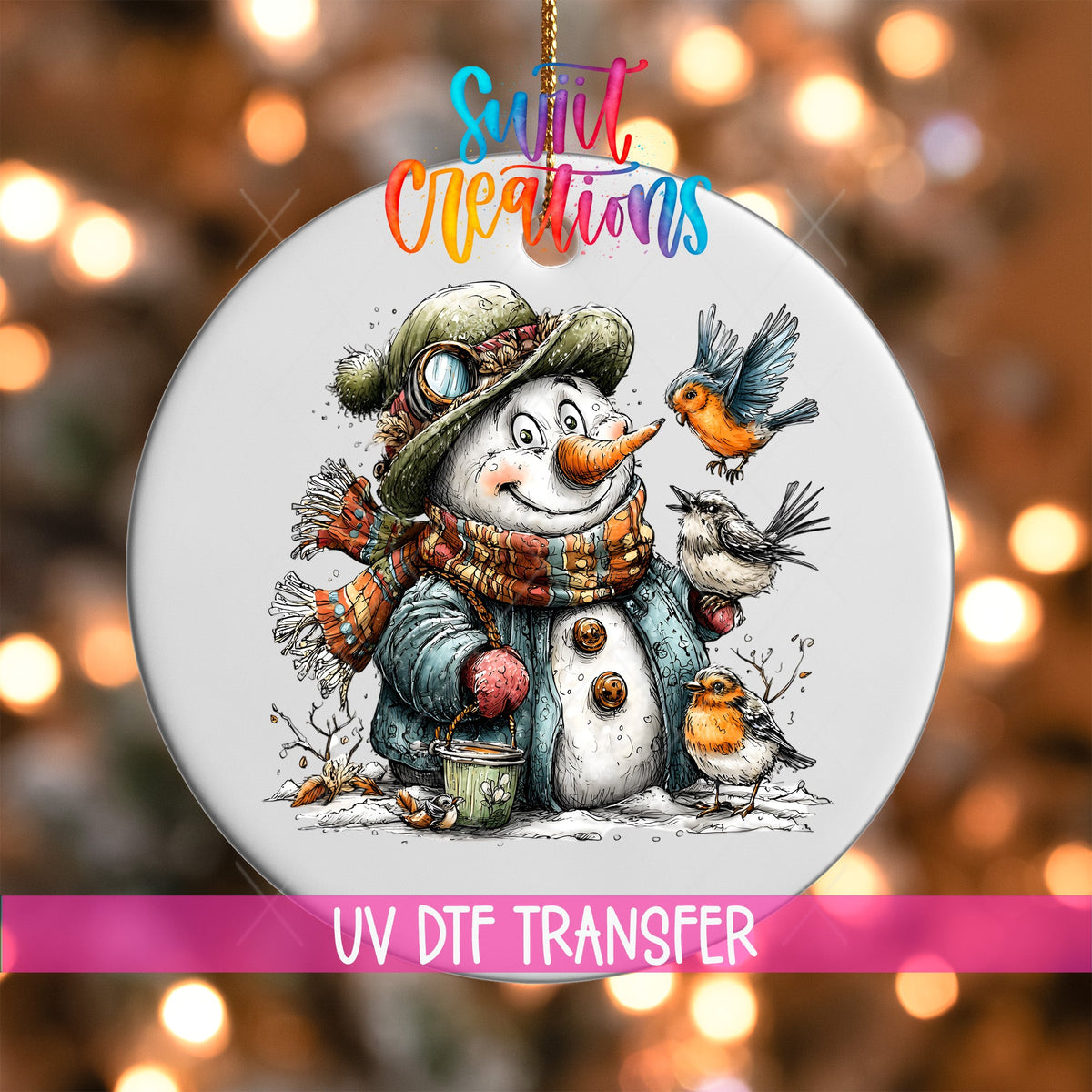 Snowman With Birds And Scarf Christmas Ornament UV DTF Transfer Winter Holiday Decor | O-1889 - Swiit Creations