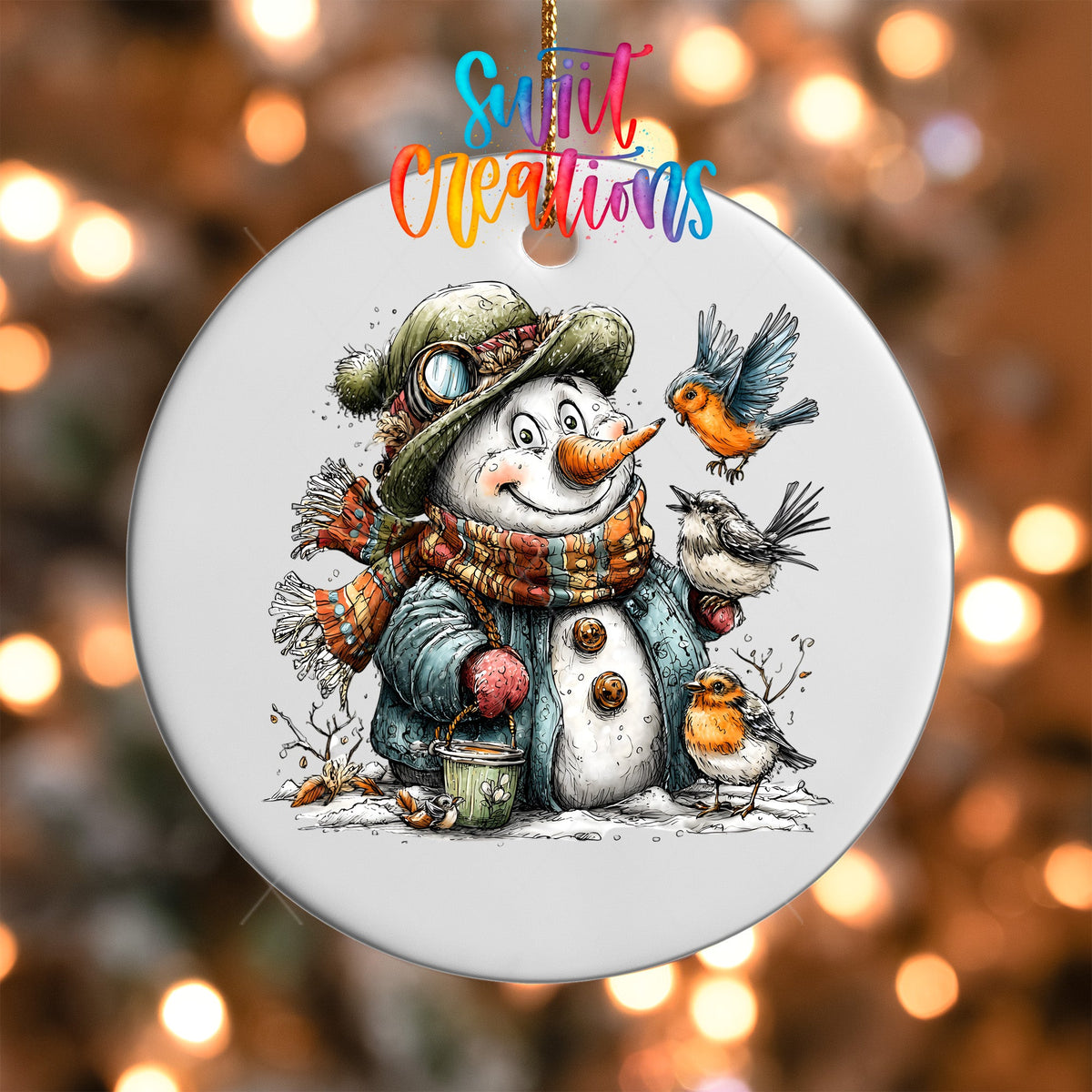 Snowman With Birds And Scarf Christmas Ornament UV DTF Transfer Winter Holiday Decor | O-1889 - Swiit Creations