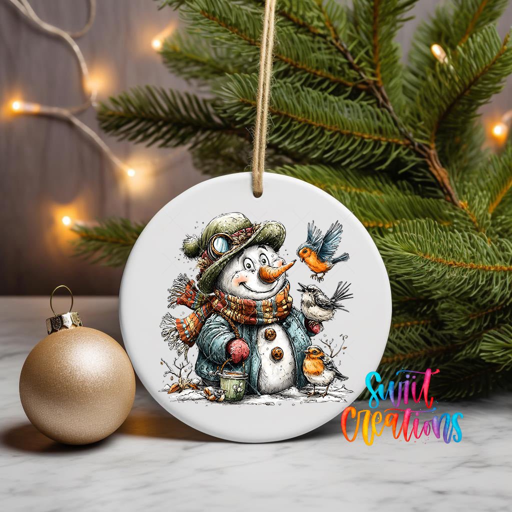 Snowman With Birds And Scarf Christmas Ornament UV DTF Transfer Winter Holiday Decor | O-1889 - Swiit Creations