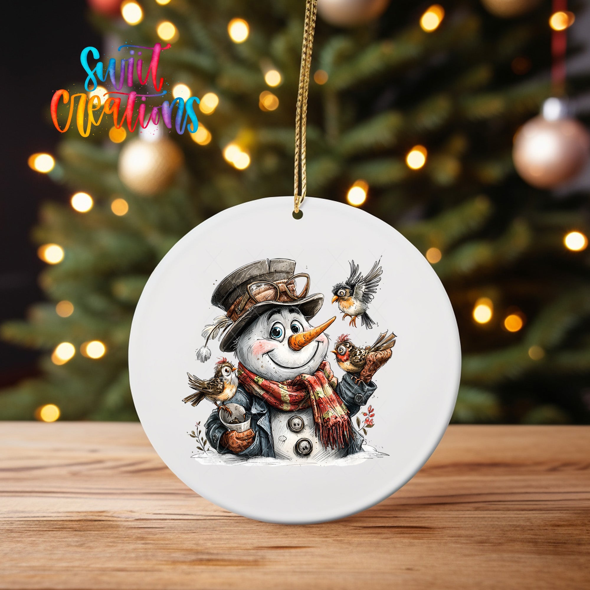 Snowman With Birds And Scarf Christmas Ornament UV DTF Transfer Winter Holiday Decor | O-1893 - Swiit Creations