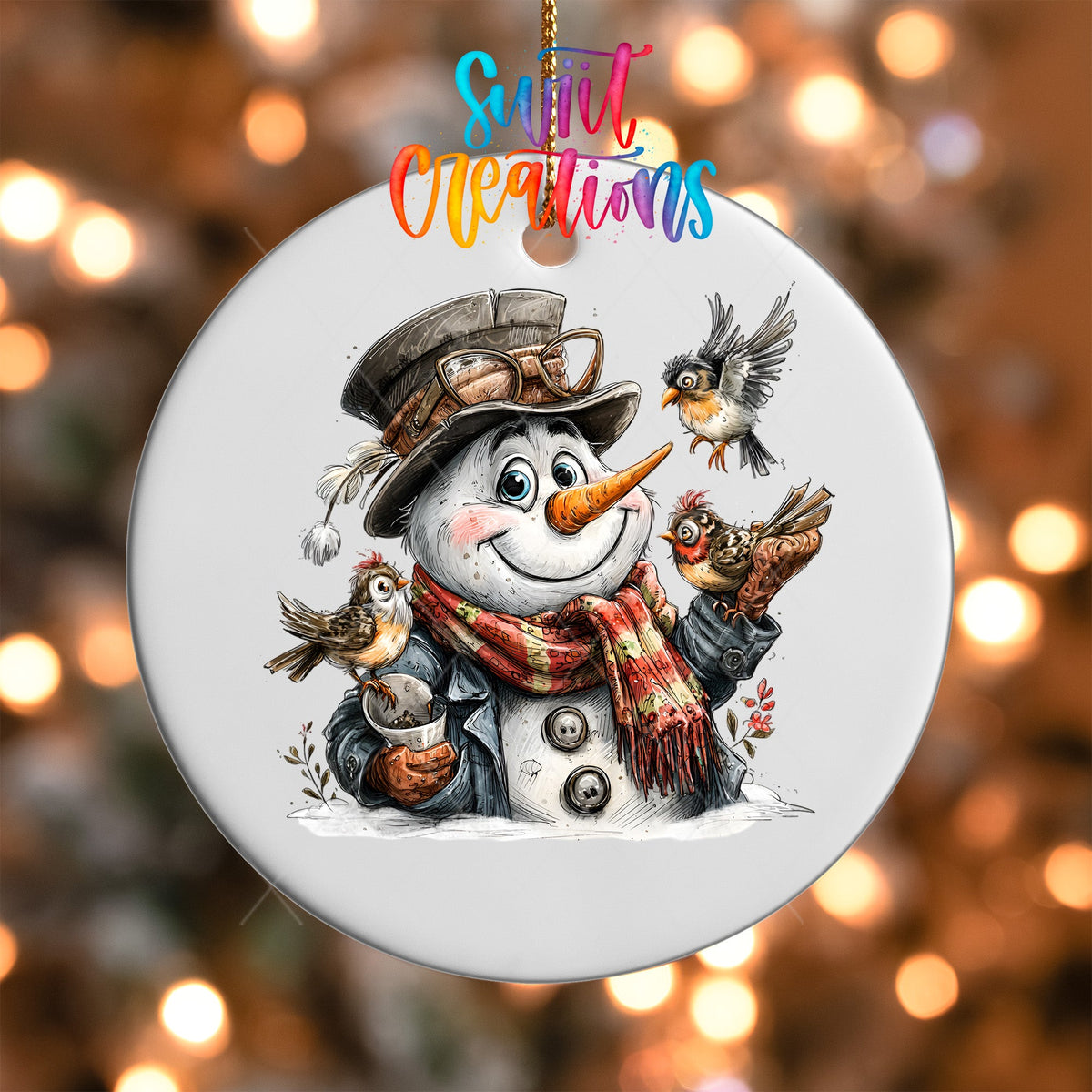 Close-up of the Snowman with Birds UV DTF transfer on a round white ornament