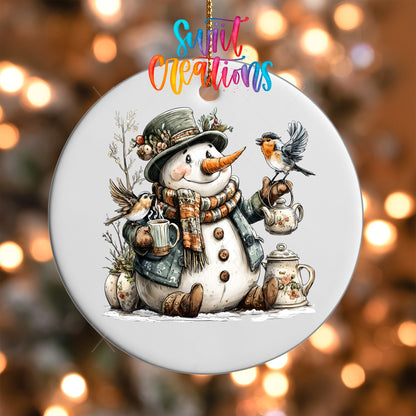 Snowman With Birds And Teapot Christmas Ornament UV DTF Transfer Winter Holiday Decor | O-1892 - Swiit Creations