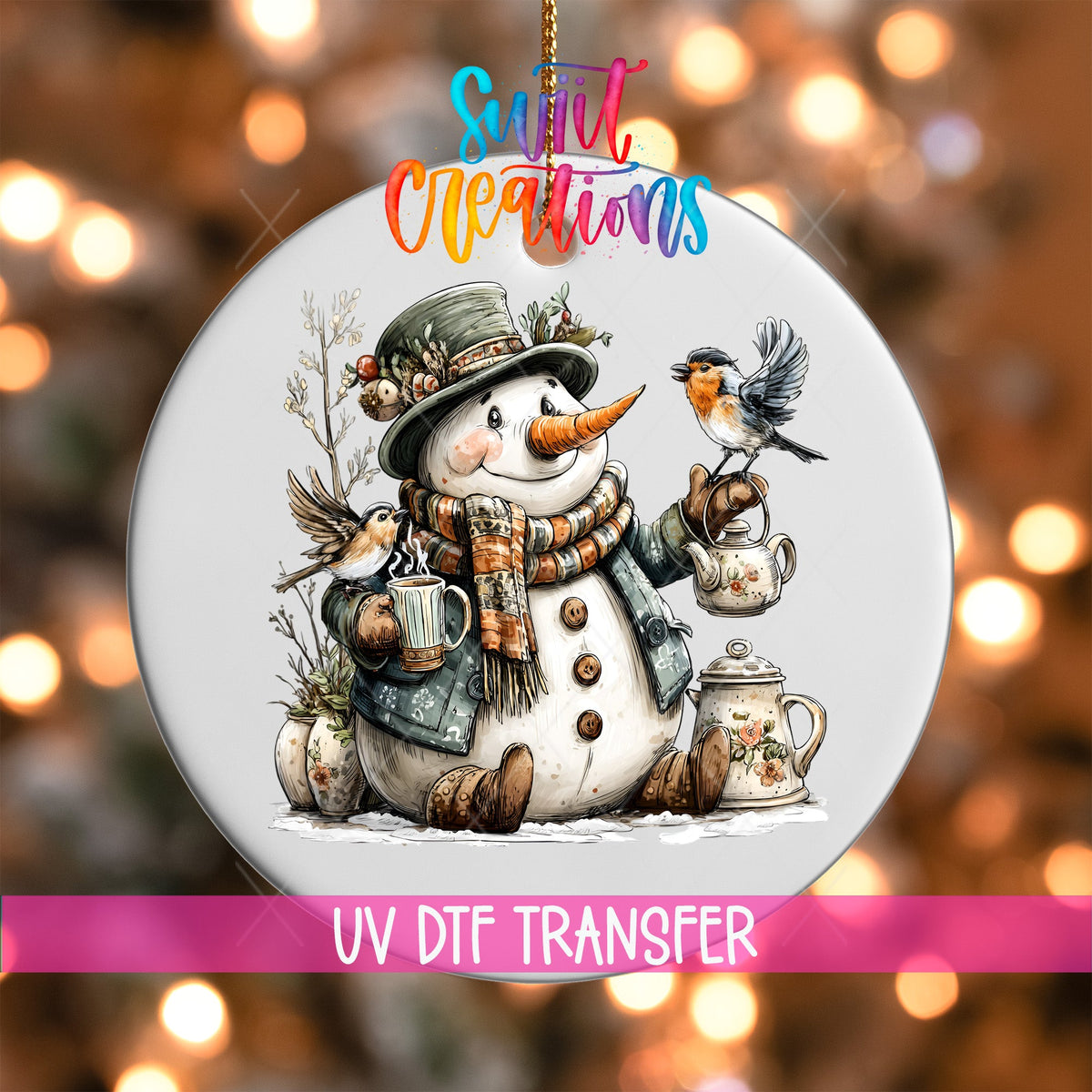 Snowman With Birds And Teapot Christmas Ornament UV DTF Transfer Winter Holiday Decor | O-1892 - Swiit Creations
