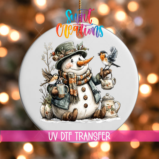 Snowman With Birds And Teapot Christmas Ornament UV DTF Transfer Winter Holiday Decor | O-1892 - Swiit Creations