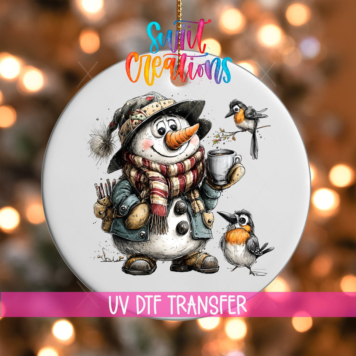 Snowman With Birds Christmas Ornament UV DTF Transfer | O-1883 - Swiit Creations