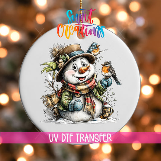 Snowman With Birds Christmas UV DTF Ornament Transfer | O-1885 - Swiit Creations