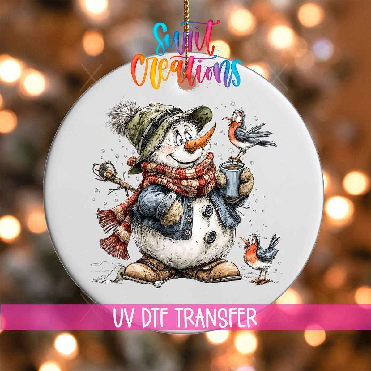 Snowman With Birds Christmas UV DTF Ornament Transfer | O-1887 - Swiit Creations