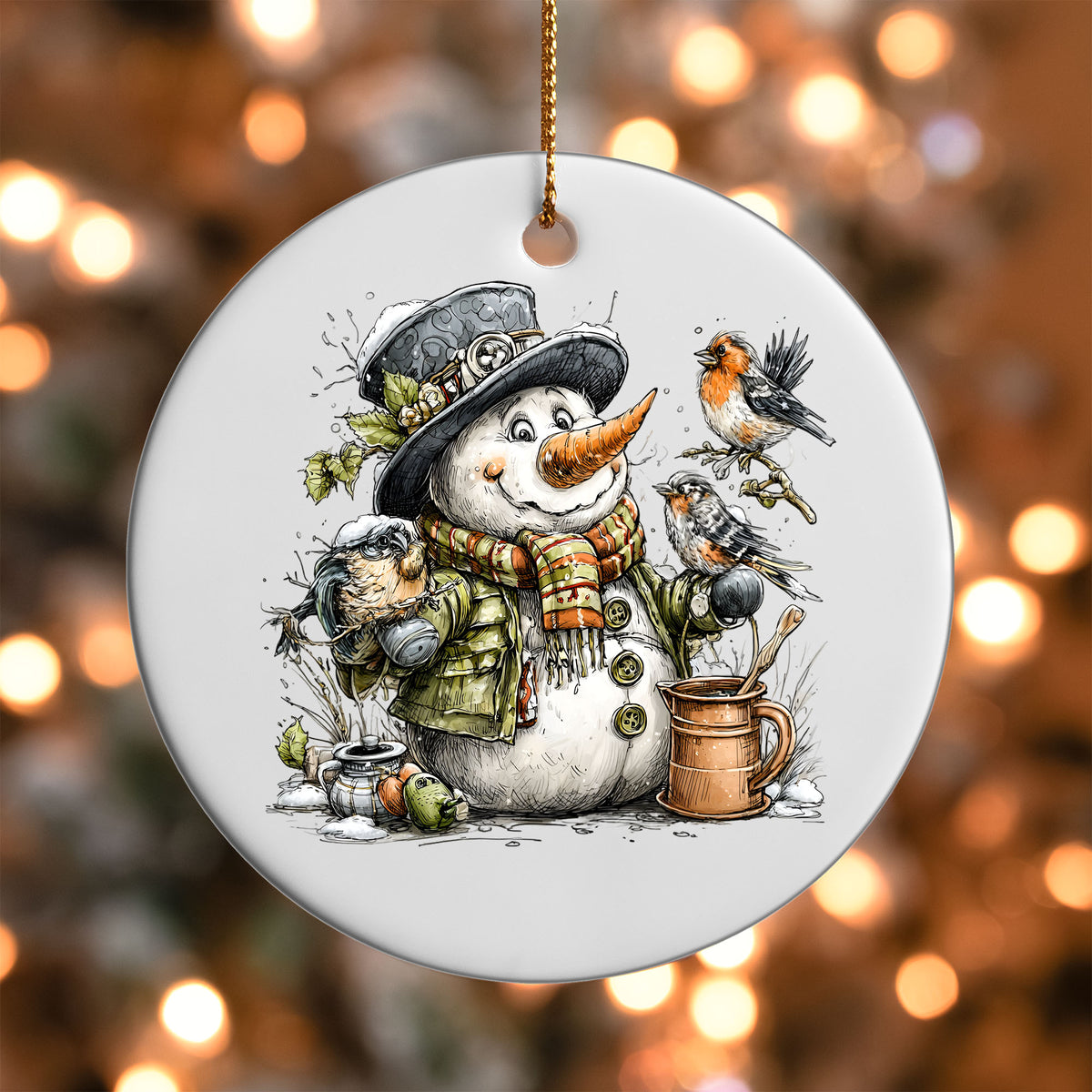 Snowman with Birds ornament UV DTF transfer on a round white ornament with a bokeh light background