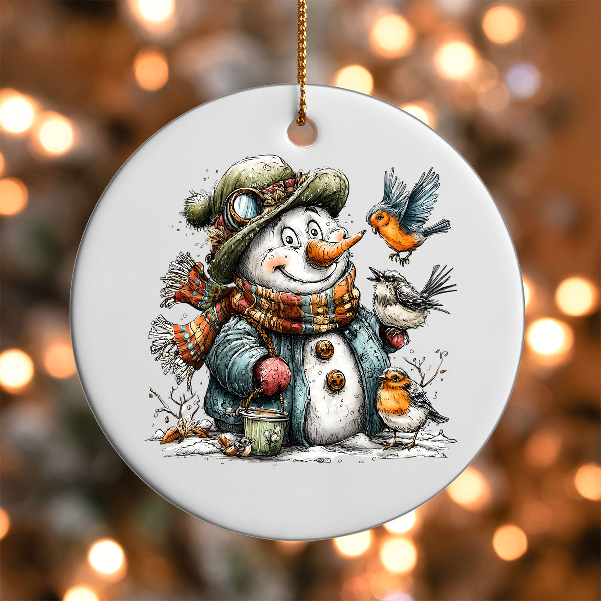 Snowman with Birds ornament UV DTF transfer on a round white ornament with a bokeh light background