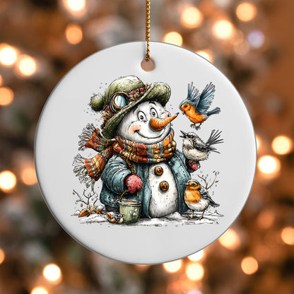 Snowman with Birds ornament UV DTF transfer on a round white ornament with a bokeh light background