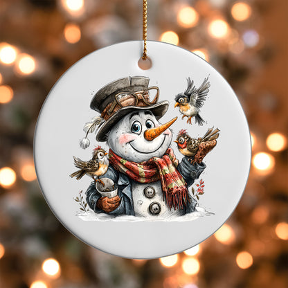 Snowman with Birds ornament UV DTF transfer on a round white ornament with a bokeh light background