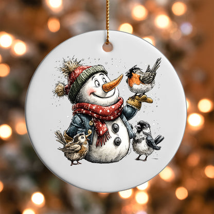Snowman with Birds ornament UV DTF transfer on a round white ornament with a bokeh light background