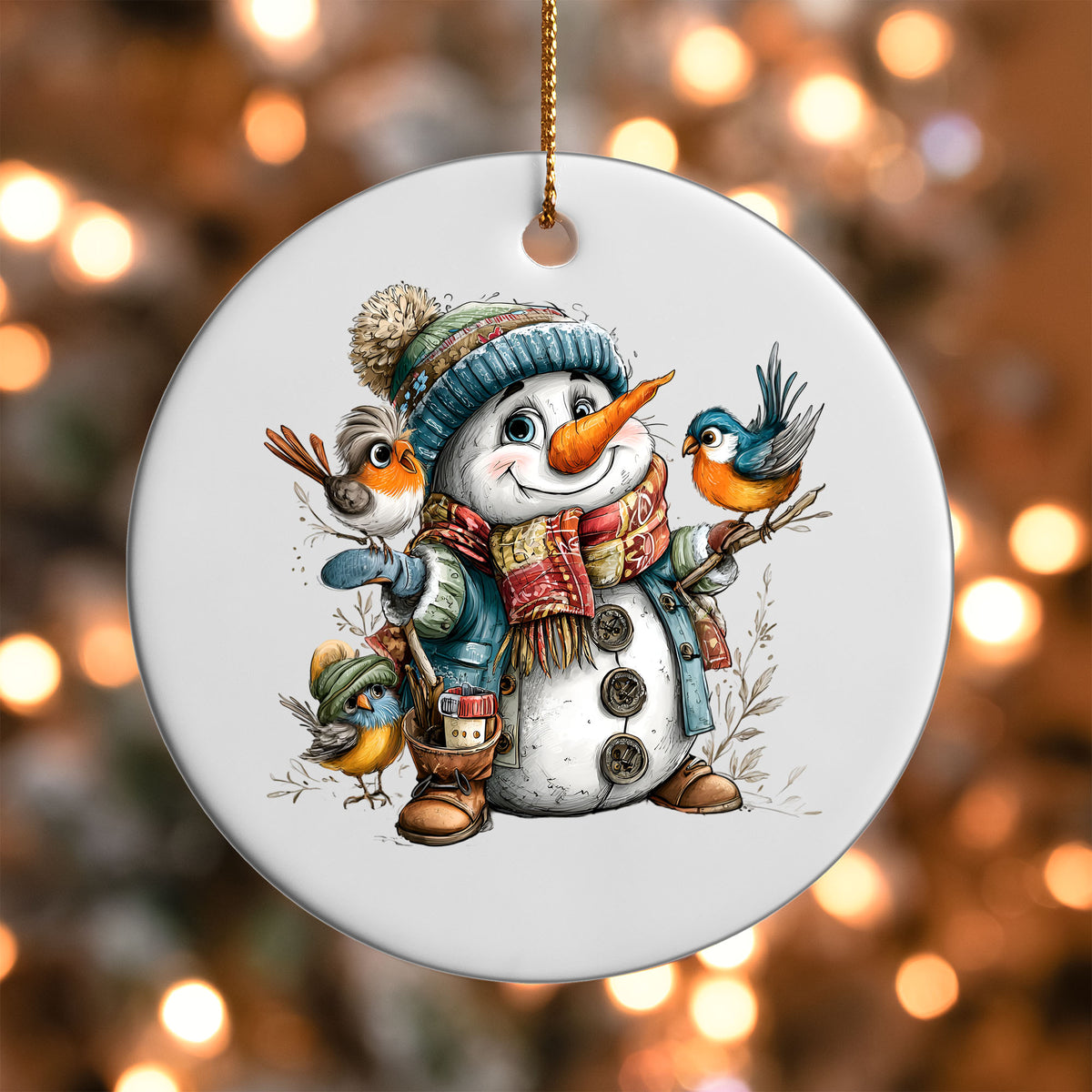 Snowman with Birds ornament UV DTF transfer on a round white ornament with a bokeh light background