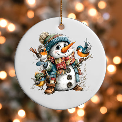 Snowman with Birds ornament UV DTF transfer on a round white ornament with a bokeh light background