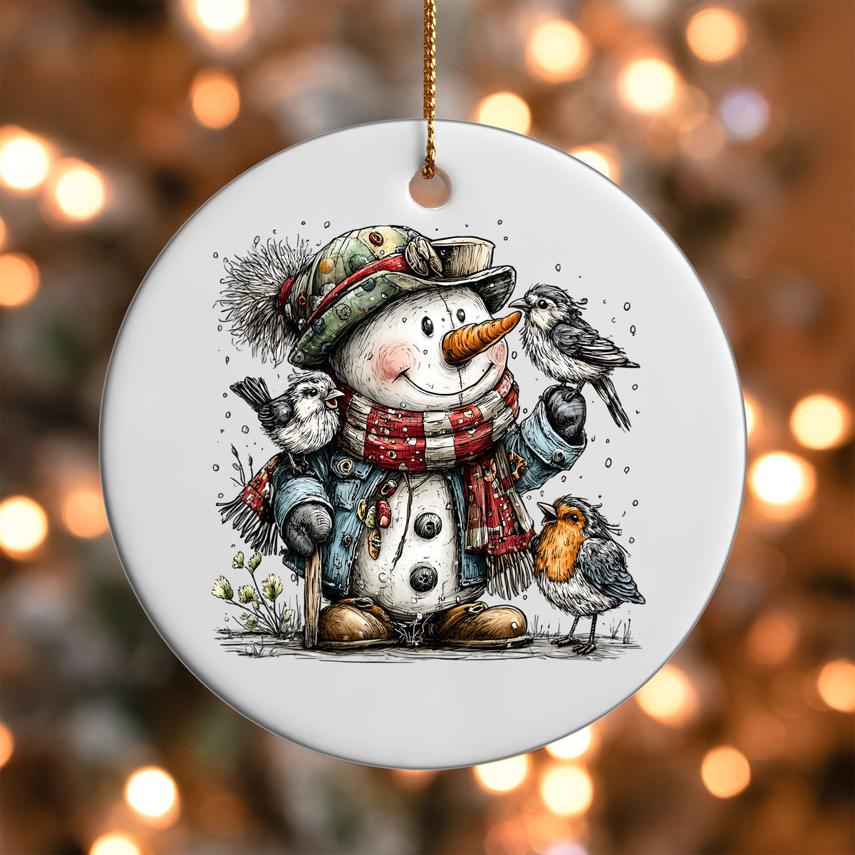 Snowman with Birds ornament UV DTF transfer on a round white ornament with a bokeh light background