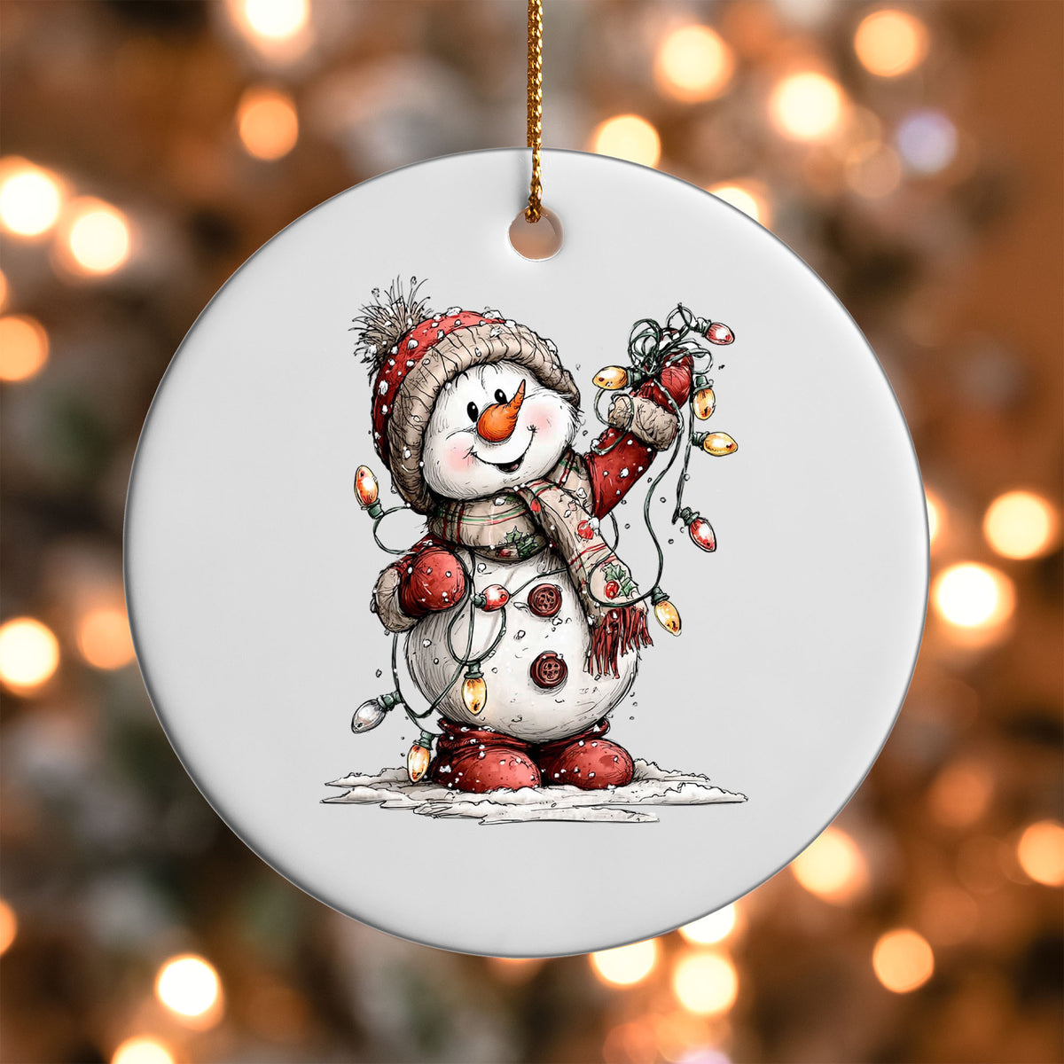 Snowman with Christmas Lights ornament UV DTF transfer on a round white ornament with a bokeh light background