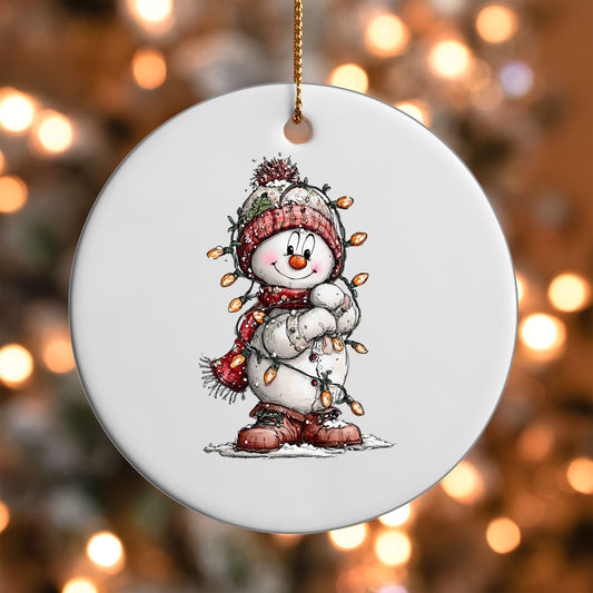 Snowman with Christmas Lights ornament UV DTF transfer on a round white ornament with a bokeh light background