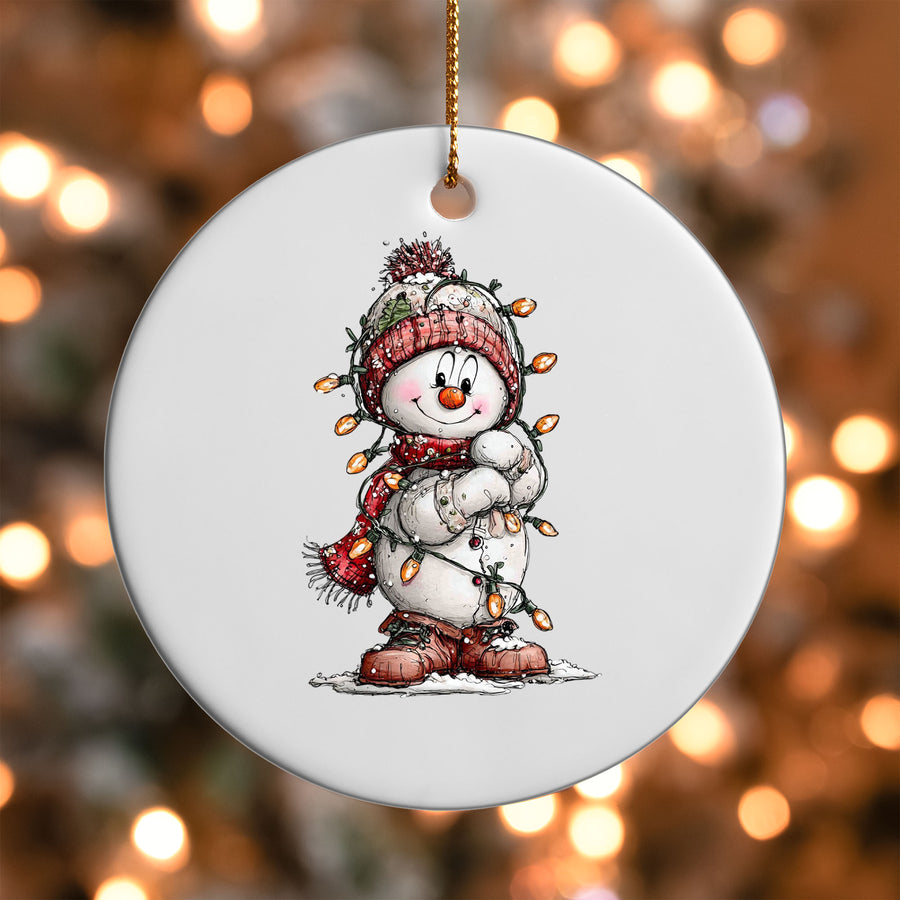 Snowman with Christmas Lights Ornament UV DTF Transfer | Red Pom Hat and Lights | O-1834