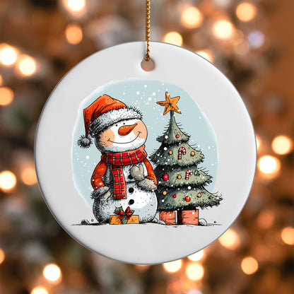 Snowman with Christmas Tree ornament UV DTF transfer on a round white ornament with a bokeh light background
