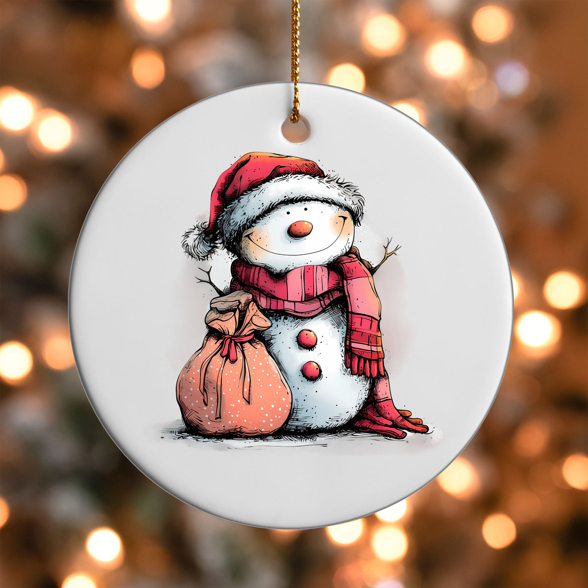 Snowman with Gift Sack ornament UV DTF transfer on a round white ornament with a bokeh light background