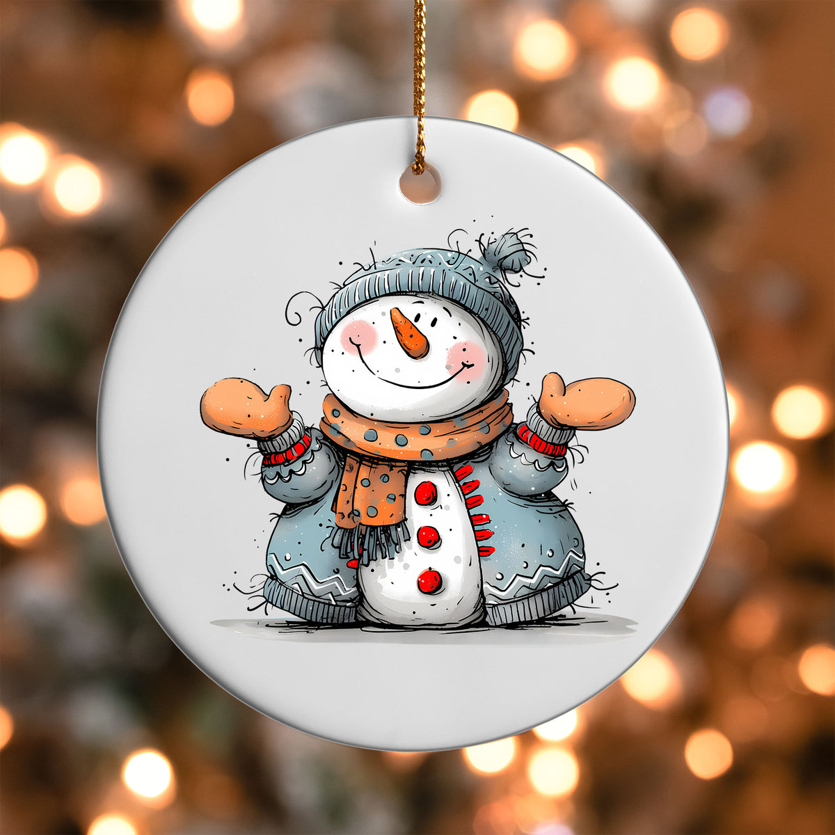 Snowman with Open Arms ornament UV DTF transfer on a round white ornament with a bokeh light background