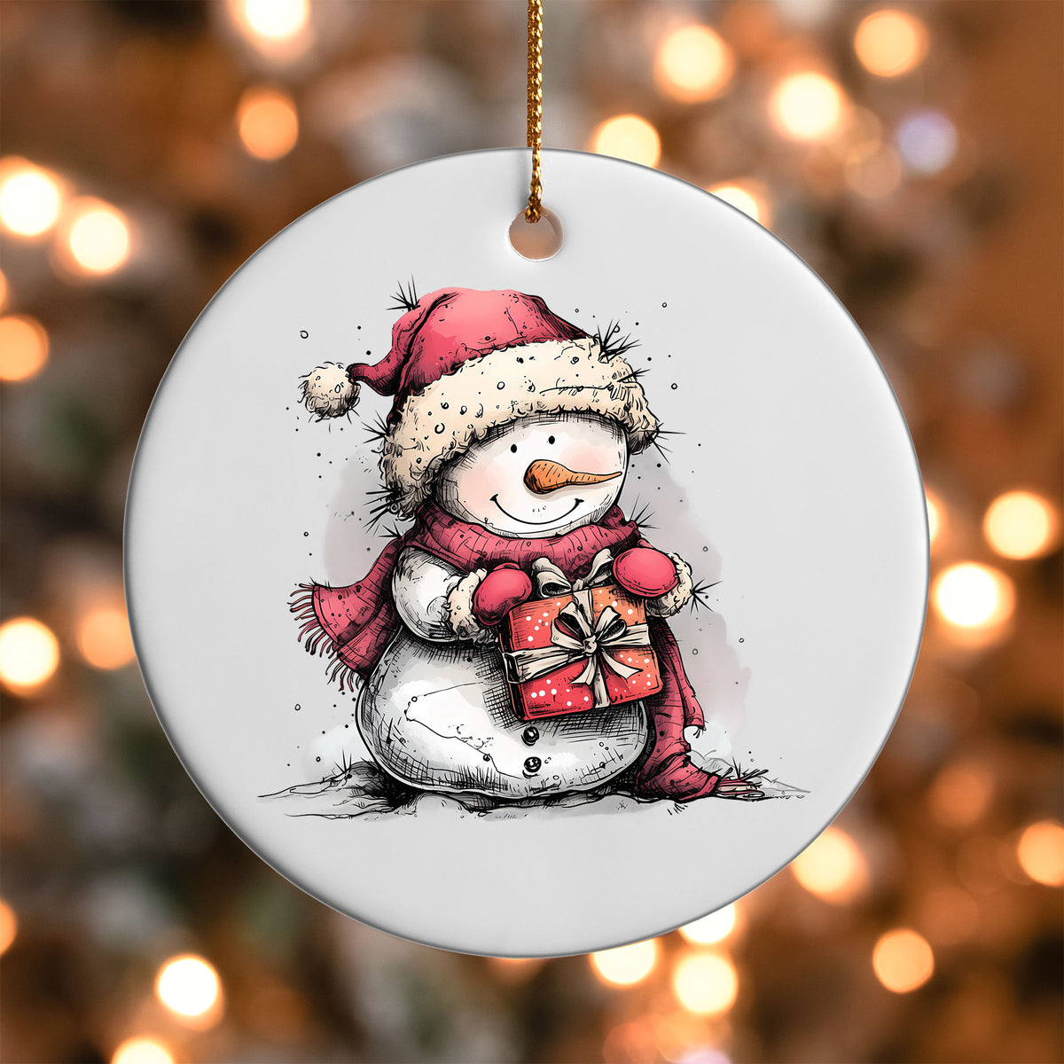 Snowman with Red Gift ornament UV DTF transfer on a round white ornament with a bokeh light background