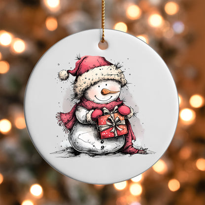 Snowman with Red Gift ornament UV DTF transfer on a round white ornament with a bokeh light background